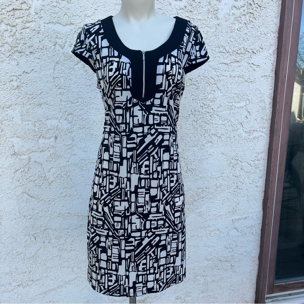 Lori M Collection White & Black Midi Dress Geometric Pattern